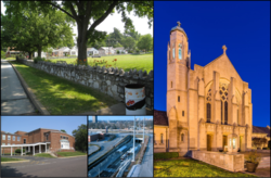 Arriba a la izquierda: Vecindario cerca de la escuela primaria Mark Twain;  Derecha: Iglesia católica St. Mary Magdalen;  Abajo a la izquierda: Brentwood High School;  Abajo en el medio: estación Brentwood I-64