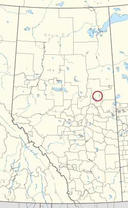 A map of the province of Alberta showing 80 counties and 145 small Indian reserves. One is highlighted with a red circle.