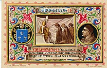 19th-century religious card depicting Celestine's absolution of King Louis VII of France. Caelestinus II. podoba.jpg