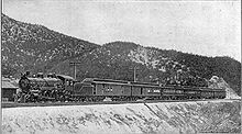 Santa Fe's California Limited pauses at the summit of Cajon Pass in 1908. California Limited at Cajon Summit.jpg