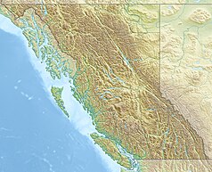 Mapa konturowa Kolumbii Brytyjskiej, blisko dolnej krawiędzi nieco na prawo znajduje się punkt z opisem „Vancouver”