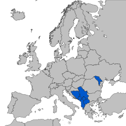 Map of Europe (grey) indicating the members of CEFTA (blue)