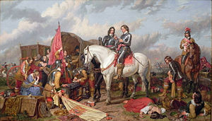 Cromwell leest een brief voor die gevonden is in de trein van Charles I na de Slag bij Naseby.  Schilderij van Charles Landseer uit 1851.