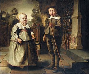 Circle of Jacob Adriaensz. Backer. Double portrait of a boy and a girl form the De Pottere family label QS:Len,"Double portrait of a boy and a girl form the De Pottere family" label QS:Lnl,"Dubbelportret van een jongen en een meisje uit de familie De Pottere" . circa 1640 date QS:P,+1640-00-00T00:00:00Z/9,P1480,Q5727902 . oil on canvas medium QS:P186,Q296955;P186,Q12321255,P518,Q861259 . 98.5 × 117.5 cm (38.7 × 46.2 in). Netherlands, Private collection institution QS:P195,Q768717 .