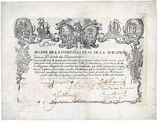 Aktie der Real Compañía de La Havana aus dem Jahr 1747, Kupferstich auf Pergament.