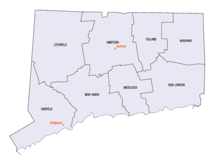 An enlargeable map of the eight counties of the state of Connecticut
