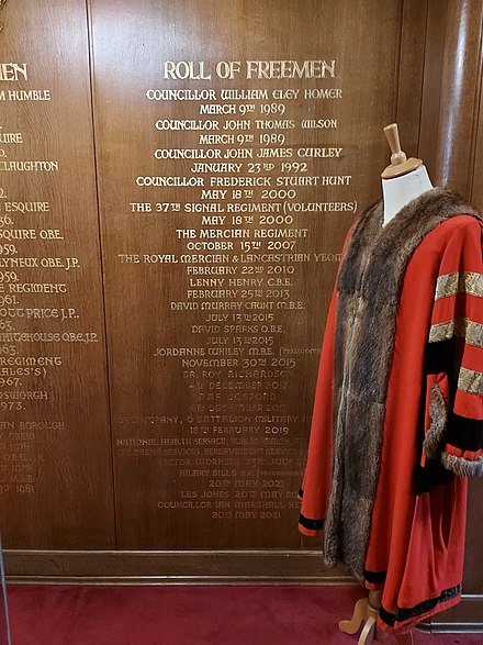 Example of the panelling which lists the Roll of Freeman in Dudley Council House