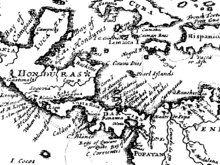 Kaart van "A New Voyage Round the World", gepubliceerd in 1697 door William Dampier, het Engels zeerover.  De Mosquito Coast is gemarkeerd met een ster