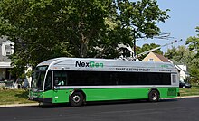 One of RTA's current fleet of 45 Gillig/Kiepe dual-mode trolley buses in 2021 Dayton trolleybus 2064, a 2020 Kiepe DMBT with Gillig BRT body (2021).jpg