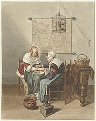 De aderlating (1776), Abraham Delfos naar Quiringh van Brekelenkam. Delfos voegde een kaart van Leiden toe