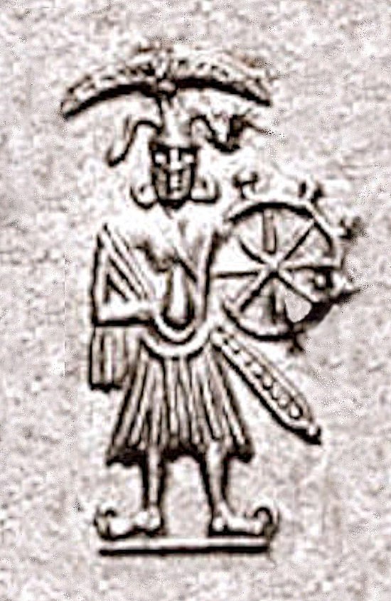 Vāsudeva on a coin of Agathocles of Bactria, circa 190–180 BCE. This is "the earliest unambiguous image" of the deity.