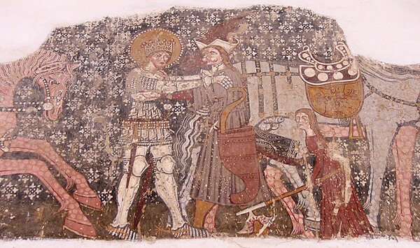 Fresco detail in the Székelyderzs church: Saint Ladislaus is fighting a duel with a cuman warrior.