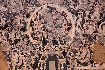 Bodhisattva mural. Chinese work showing Central Asian influence. Mogao Caves, China.