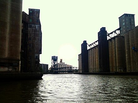 Elevator Alley, the stretch of the Buffalo River immediately adjacent to the harbor that is lined with historic grain elevators, is visited by several of the tour boats that operate out of Buffalo Harbor — including the River Queen, from which this photo was taken
