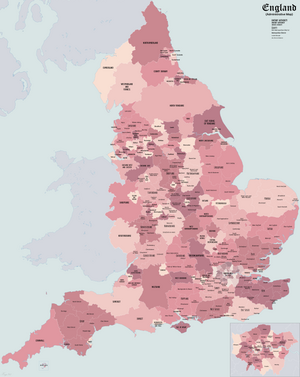 Підрозділи Англії (станом на 1 квітня 2021 року), які мають головну місцеву владу: дворівневі неметропольні графства та їхні неметропольні округи; метропольні райони; унітарні одиниці; райони Лондона; і Sui generis Лондонське Сіті та острови Сіллі.