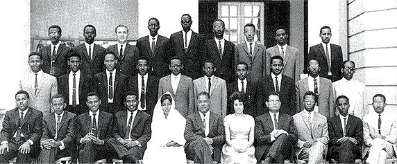 Professor Mansour Ali Haseeb, Dean Faculty of Medicine, University of Khartoum (1963-1969) (sitting in the middle) with the Graduates in 1965. Sitting second from right: Prof Abdel-Galil M. Abdel-Gadir, Professor of Physiology, College of Medicine, King Saud University, Riyadh, Saudi Arabia. Standing fourth from right (first row): Prof Mohamed Ibrahim Ali Omer, Ex - President of the Sudan Association of Paediatricians, and former Editor-in -Chief, Sudanese Journal of Paediatrics. Standing fourth from right (second row): The Late Prof Eldaw Mukhtar, Ex-Dean, Faculty of Medicine Faculty of Medicine, University of Khartoum Graduates in 1965.jpg