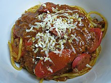 Filipino spaghetti with hot dog pieces Filipino Spaghetti 2.0.jpg