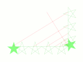 五芒星に現れる線分の組み合わせから様々な規模での黄金比が生じることを平行線で表した図