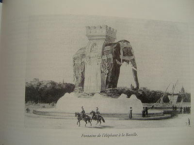 The Fontaine de l'elephant in the Place de Bastille. The fountain was begun in 1811 but never finished. A full-scale plaster model of the elephant stood in the Square until 1848. A guardian and his family lived inside one of the feet to protect the monument.
