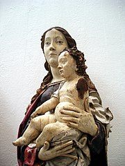 Keskiaika – taiteilijalla ei merkitystä yksilönä, kuva välitti ja kertoi silmin havaittavasti Jumalan teoista. Maalattu puuveistos Madonna ja lapsi.