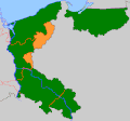 Posen-West Prussia (former Grenzmark Posen-Westpreußen) as of 1937 (orange, bulk in Pomerania since 1938) within the former German territories