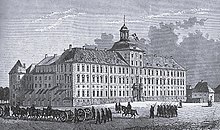 Das Schloss während seiner Zeit als Kaserne, Stich von 1864