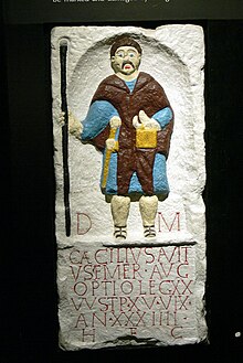 A copy of a Roman tombstone found in Chester (Deva Victrix) depicting Caecilius Avitus, an optio in the Legio XX Valeria Victrix Grosvenor Museums - Grabstein 7a Optio.jpg