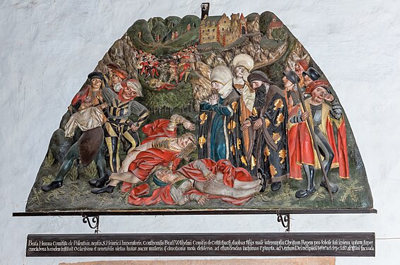 English: Wooden relief #1: Homicide of Hemma’s sons Deutsch: Holz-Relief 1: Ermordung der Söhne Hemmas