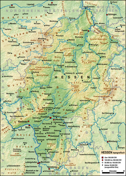 The most important rivers, mountains, and cities of Hesse