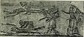 Two Elamite chiefs flayed alive after the Battle of Ulai, Assyrian relief History of Egypt, Chaldea, Syria, Babylonia and Assyria (1903) (14761195044).jpg