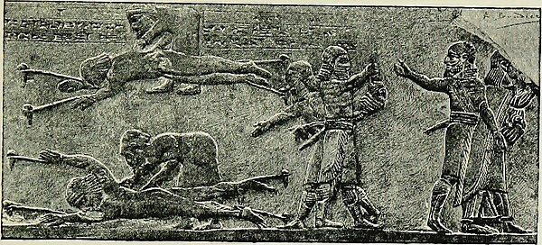Two Elamite chiefs flayed alive after the Battle of Ulai, Assyrian relief