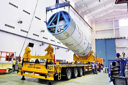 Hoisting of the GSLV-F09 second stage during vehicle integration.