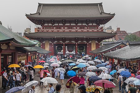 Hozomon with visitors under their umbrellas, a rainy day in Tokyo, Japan