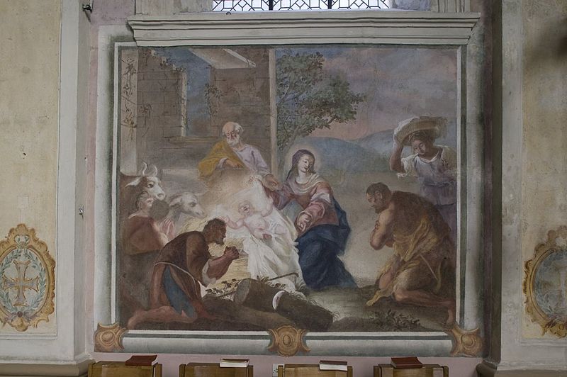 Bestand:Interieur, muurschildering met de afbeelding van de aanbidding van het Christuskind door de herders, na de restauratie. - Houthem - 20423674 - RCE.jpg