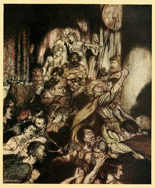 Fionn and Goll seated in a banquet hall as their rival bands of Fianna fight. Illustration by Arthur Rackham in Irish Fairy Tales (1920).