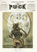 Caricature de Tom Merry évoquant Jack l'Éventreur sur la page couverture de l'édition du 21 septembre 1889 du magazine Puck.