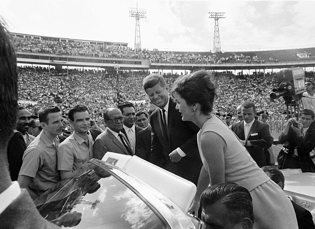 U.S. President John F. Kennedy and Mrs. Kennedy greet surviving members of Brigade 2506 at the Orange Bowl following the failed Bay of Pigs Invasion o