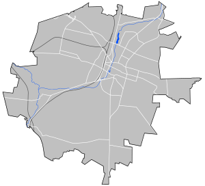 Mapa konturowa Kielc, po lewej znajduje się punkt z opisem „PLB”, natomiast u góry nieco na prawo znajduje się punkt z opisem „PŚK”