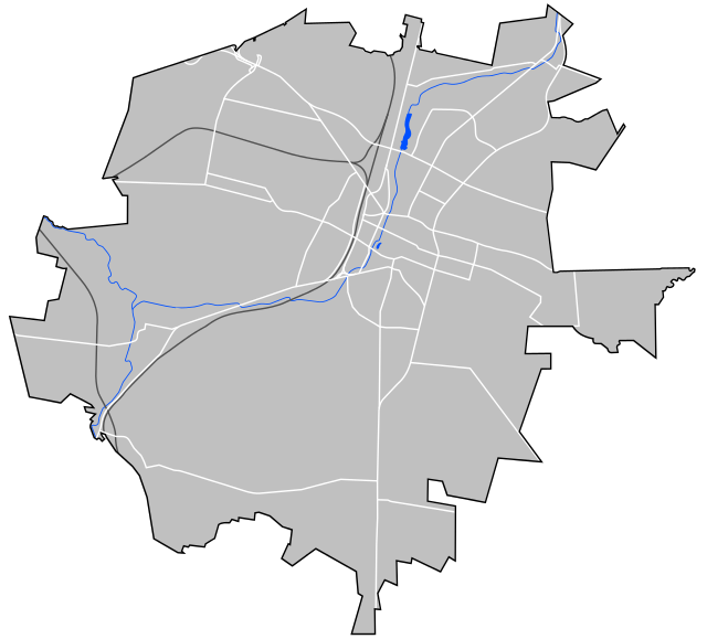 Mapa konturowa Kielc, blisko centrum u góry znajduje się punkt z opisem „Kościół Świętego Krzyża w Kielcach”