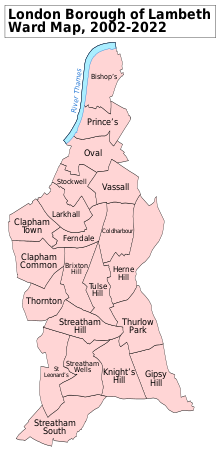 A map showing the wards of Lambeth between 2002 to 2022