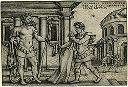 Likhas tuo Nessoksen verellä voidellun vaatteen Herakleelle. Sebald Beham, n. 1542–1548.