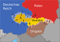 Opdeiling van Tsjecho-Slowakije op 't Verdraag van München. Boheme-Moravië is nómmer 5 op de kaart.