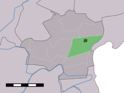 The town centre (dark green) and the statistical district (light green) of Berkhout in the former municipality of Wester-Koggenland.