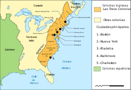 En 1775, los británicos alegaron autoridad sobre las zonas moradas del mapa y España reclamó los territorios coloreados de amarillo. La zona en morado oscuro es la zona de asentamiento; la mayoría de la población vivía como máximo a 80 kilómetros del océano.