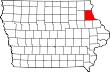 Harta statului Iowa indicând comitatul Clayton