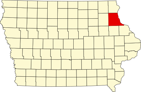 Location of Clayton County in Iowa Map of Iowa highlighting Clayton County.svg