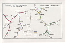 A 1903 Railway Clearing House Junction Diagram showing (left) railways in the vicinity of Market Drayton Market Drayton, Nantwich & Whitchurch Halesowen & Northfield RJD 21.jpg