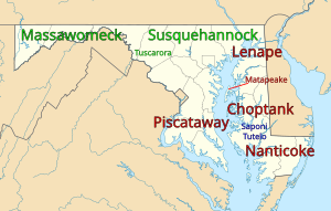 Maryland Indigenous tribal areas prior to European arrival - red is Algonquian, green is Iroquoian, blue is Siouan. Maryland Indigenous Tribes.svg