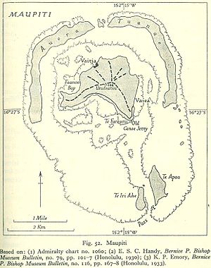 Karte des Atolls. Dargestellte und aktuelle Namen der Motus: Te Iri Ahe = Pitiahe Te Apaa = Tiapaa Auera = Auira Tuanae = Tuanai (nördl. Motu) = Paeʻao