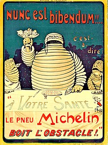 Bibendum (the symbol of the Michelin tyre company) takes his name from the opening line of Ode 1.37, Nunc est bibendum. Michelin Poster 1898.jpg
